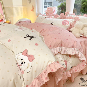 Korean Ins Princess Style A-Grade Maternal and Infant Grade Bed Skirt Four-Piece Set Washed Cotton Brushed Bed Bed Sheets Quilt Cover Dormitory Three-Piece Set