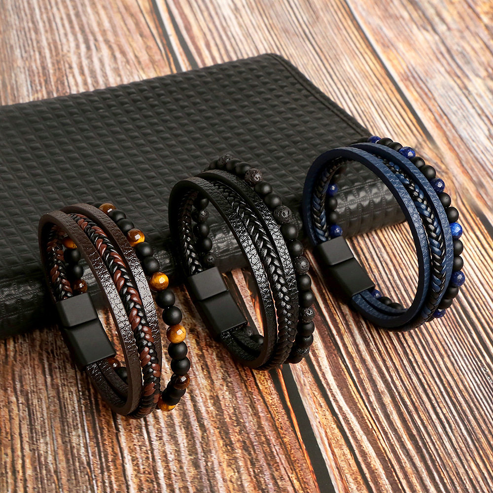 Hand-Woven Bracelets for Men, Natural Lapis Lazuli Obsidian Alloy Bracelets, Accessories, Jewelry for Women Manufacturers