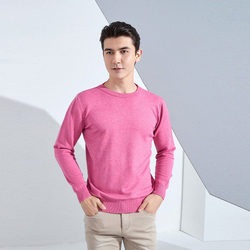 秋冬男士圆领宽松加厚套头针织衫纯色长袖短款商务打底保暖毛衣