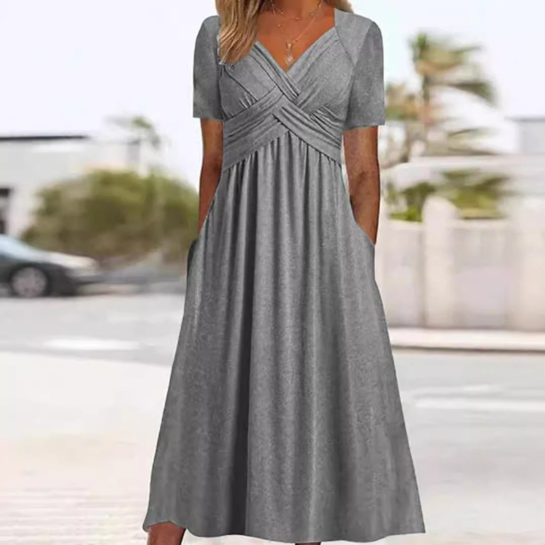 Womens Solid Color V Neck Short Sleeve Dress Trendy Design Comfortable Fabric Perfect for Fall Wholesale Available