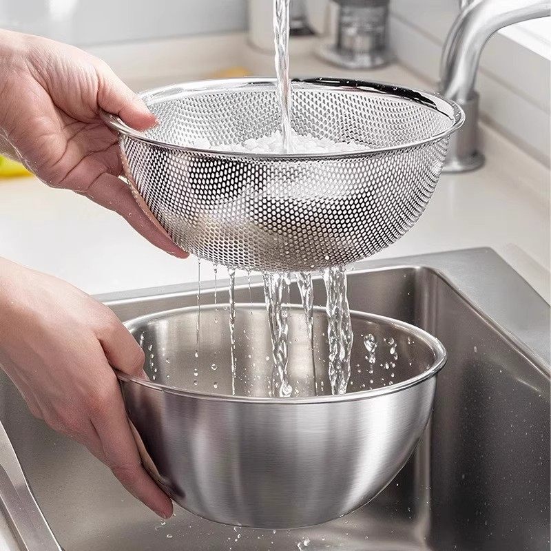 Stainless Steel Basin with Draining Basket for Washing Vegetables, Rice Washing Sieve, Rice Washing Tool, Food-Grade Water Filter Basket, Strainer Mesh Basket