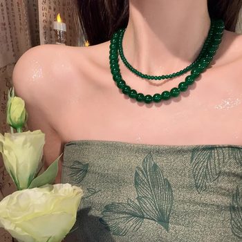 New Chinese Style National Style Green Agate Beaded Necklace Internet Celebrity Same Style Super White Elegant Simple All-match Necklace Chain Clavicle Chain