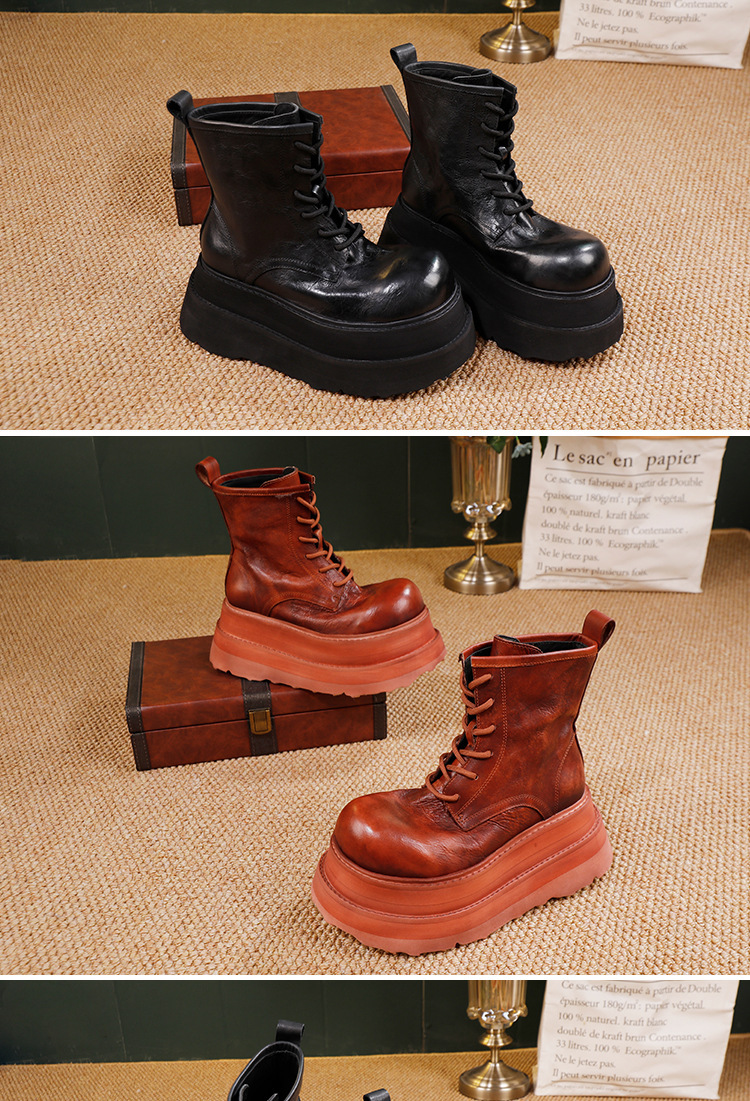 Boot Martin nữ cổ ngắn đế dày, da bò thật buộc dây — đen, nâu