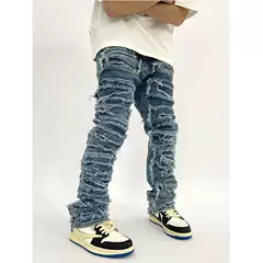 High Street European and American Heavy Industry Washed Whiskers Destroyed Patch Jeans Distressed Beggar Slimming Look Pants Ins Trend