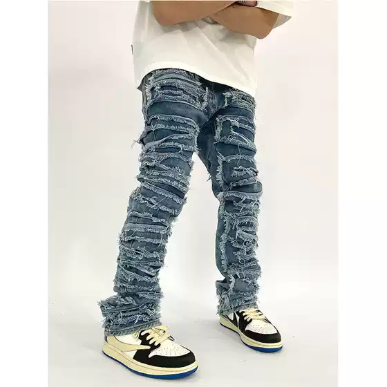 High Street European and American Heavy Industry Washed Whiskers Destroyed Patch Jeans Distressed Beggar Slimming Look Pants Ins Trend