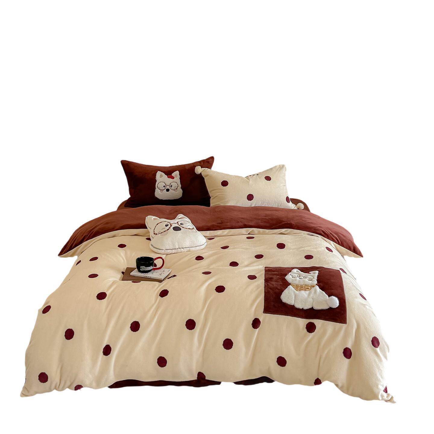 Festive Patchwork Embroidered Milk Velvet Four-Piece Kidsren's Room Three-Piece Warm Coral Velvet Bed Sheetss and Fitted Bed Sheetss Winter Bedding