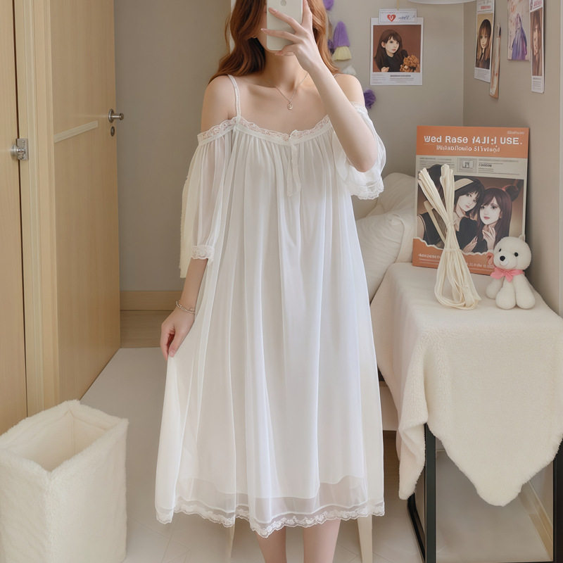 Maternity Wear Spring and Autumn Off-Shoulder Mesh Pajamas with Chest Pads Long Palace Style Sweet and Simple Home Wear 345