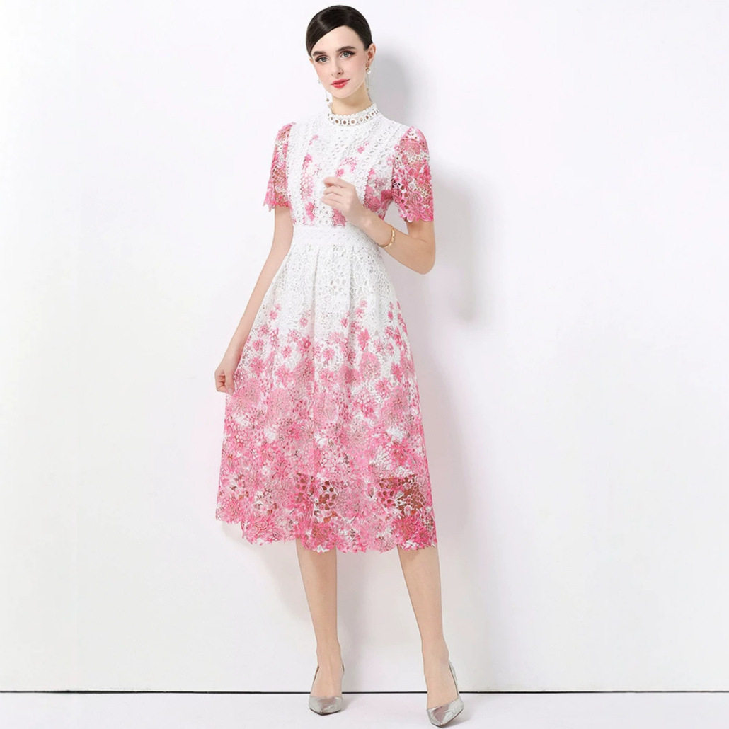 French Vintage Elegant Lace Dress Intricate Hollow Design Waist Defining Flattering Fit Perfect for Formal Occasions