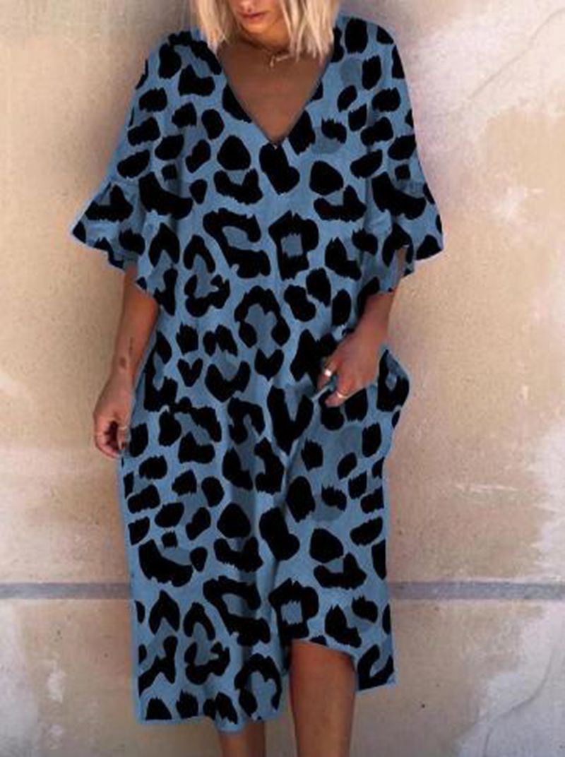 Leopard Print V Neck Ruffle Sleeve Plus Size Dress for Women Casual Summer Wear low MOQ