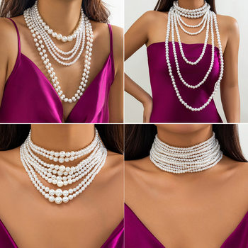 European and American multi-layer imitation pearl women's necklace elegant Baroque size beaded French retro collar jewelry choker