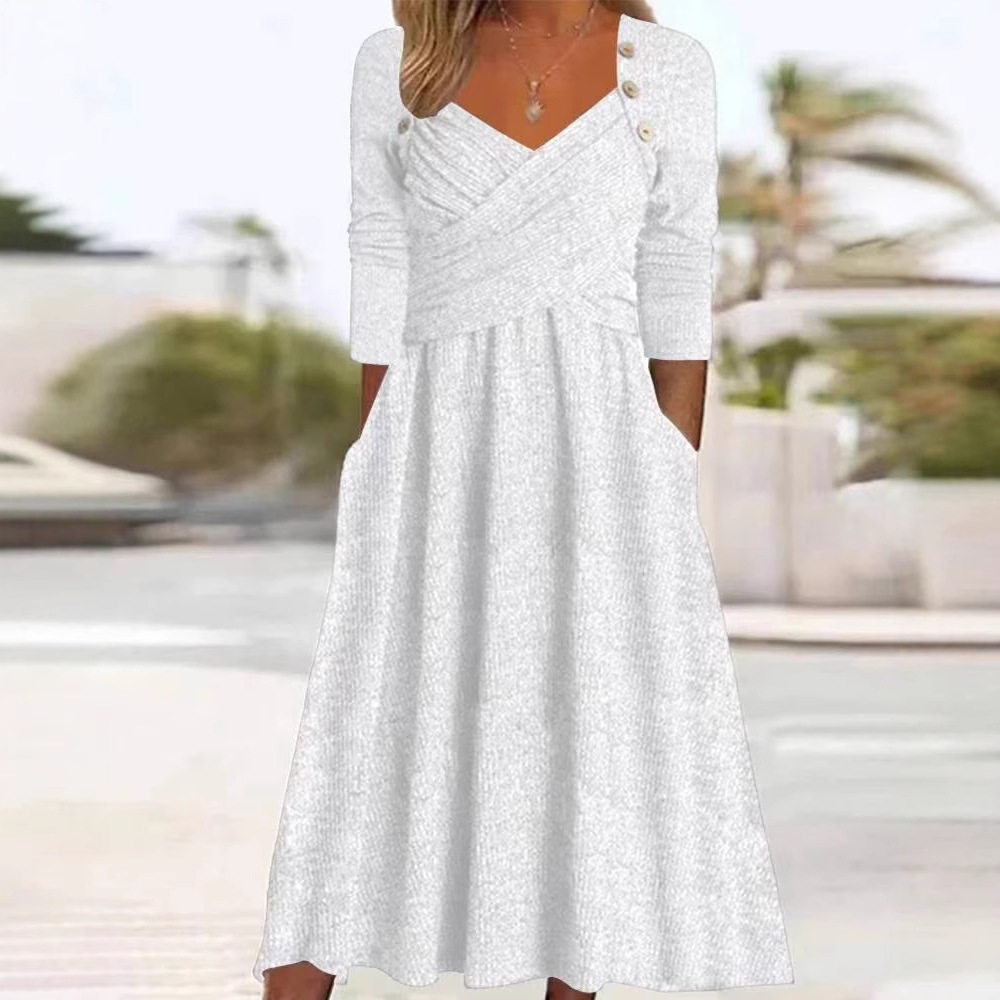 V Neck Long Sleeve Casual Dress Solid Color Autumn Winter Style Perfect for Everyday Wear Wholesale Available