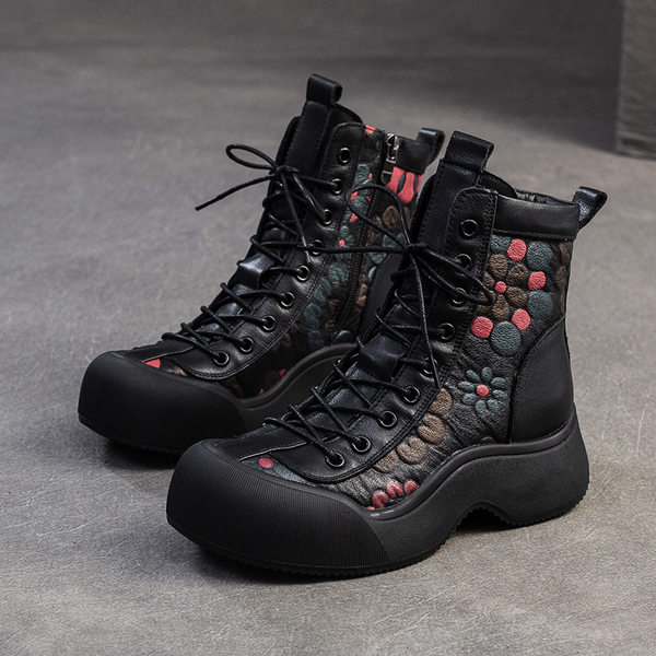 Giày Boot Nữ Cổ Cao Buộc Dây Họa Tiết Phong Cách Vintage Chiều Cao Đế Khoảng 4cm Màu Đen, Nâu