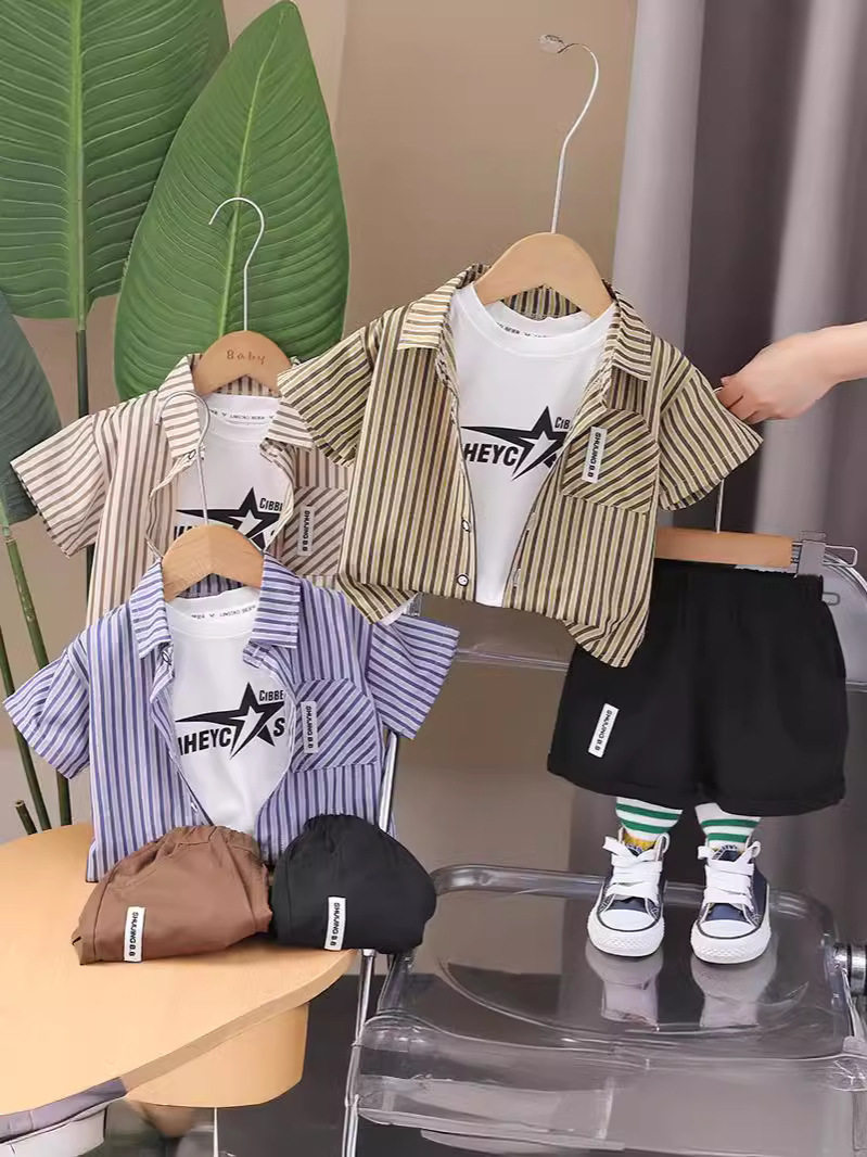 Children's short-sleeved summer suit striped short-sleeved shirt three-piece set boys' clothes small and medium-sized children's summer clothes