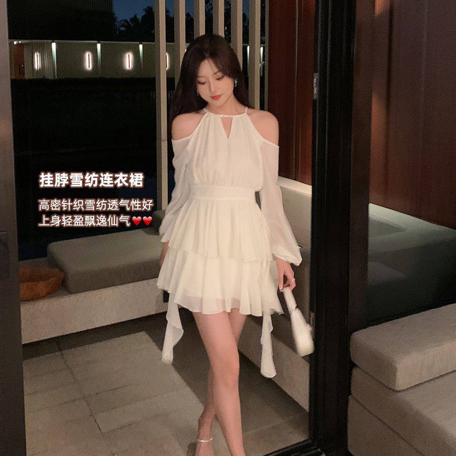 French Halterneck Off-Shoulder Chiffon Dress Fairy Spring and Summer Elegant High-End Seaside Vacation Beach Fluffy Skirt