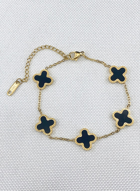 版本幸运老花贝壳面双面四叶草五花手链钛钢不掉色饰品