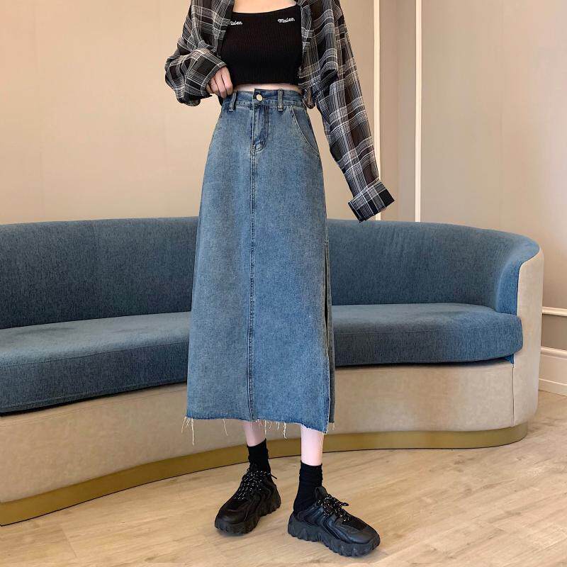 High Waisted A Line Denim Skirt Vintage Style Irregular Split Mid Length Spring Summer Fashion Wholesale Available