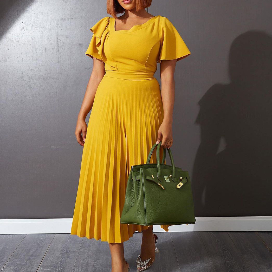 Plus Size Elegant Ruffle Sleeve Asymmetrical Dress Pleated Design European Style Casual Wear Wholesale Available