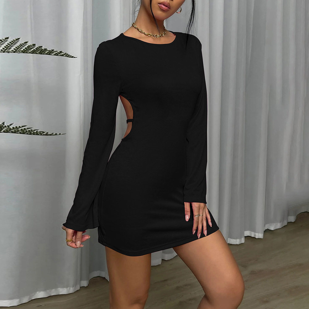Womens Long Sleeve Bodycon Dress Sexy Backless Round Neck Flared Sleeve Perfect for Parties and Events OEM