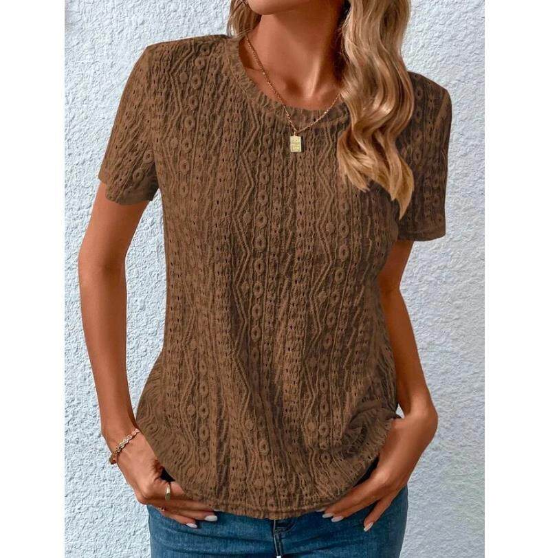 Womens Summer T Shirt Comfortable Fresh Sweet Hollow out Design Round Neck Short Sleeve Casual Wear