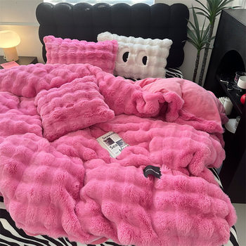Girls' Leopard Print Thickened Rabbit Fur Winter Stylish Big Eyes Four-Piece Set Milk Velvet Double-Sided Coral Fleece Fitted Sheet
