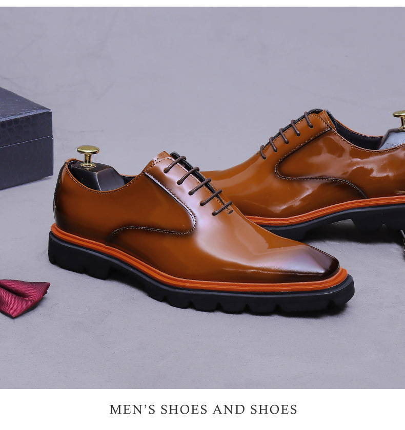Giày Oxford nam da bò bóng cao cấp tăng chiều cao, giày tây công sở buộc dây — Màu nâu vàng, màu đen, Nâu chà màu