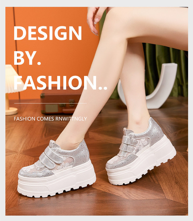 Giày sneaker nữ chunky đế dày trắng platform rhinestone đa năng — Trắng, Bạc, Đen chi tiết 13