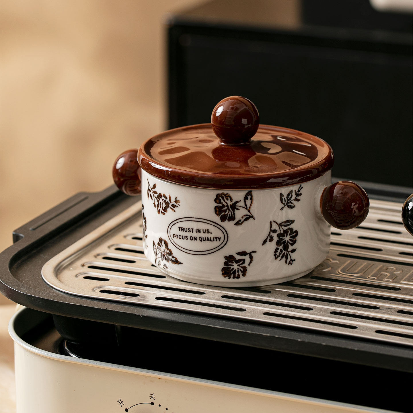 Double-Eared Household Steamed Egg Bowl, Air Fryer Oven, Special Baking Bowl with Lid, Pudding Cake Cup, High-Looking Ceramic Bowl