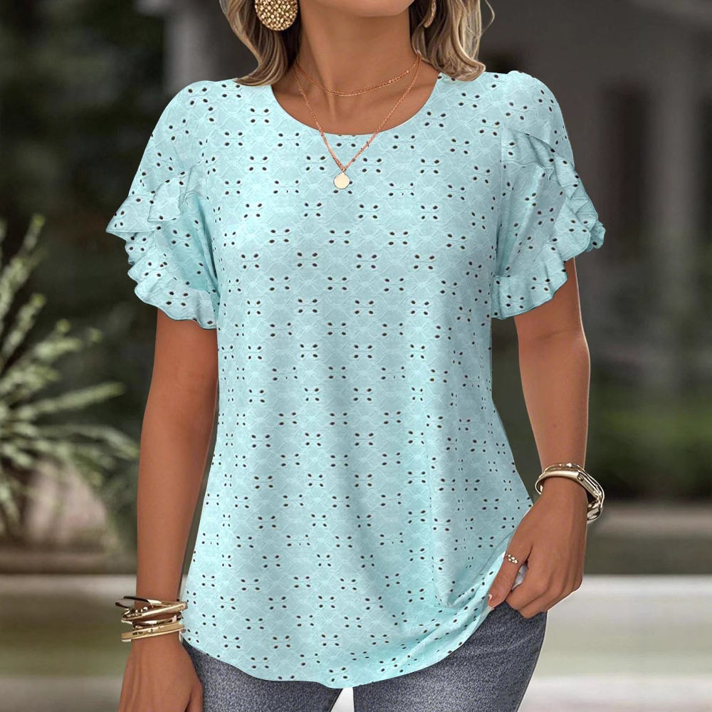 Womens Casual Summer Top Solid Color Lace Trim Short Sleeve Hollow Out Design Perfect for Everyday Wear