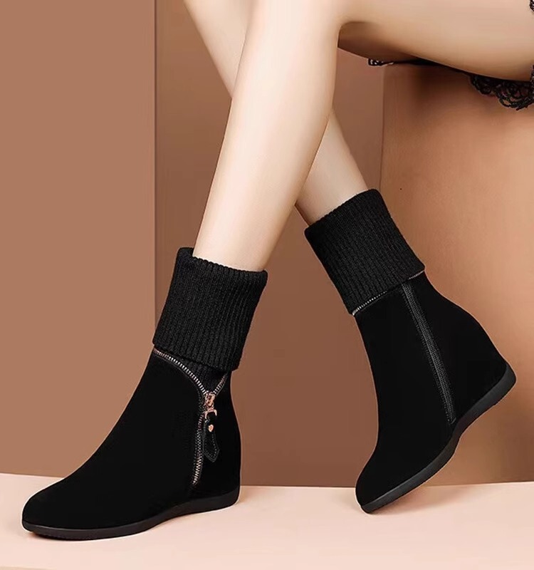 Boot nữ cổ trung gót nêm mũi tròn giữ ấm dáng thanh lịch — màu đen, màu xám