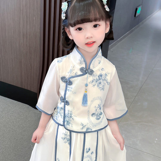 汉服儿童中国套装女童洋气古风夏季复古宝宝唐装青花瓷网红夏款