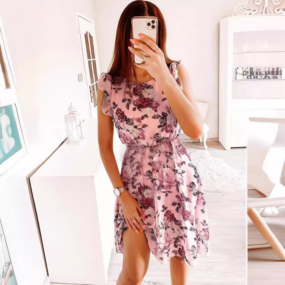 Summer Vacation Ruffle Sleeve Chiffon Dress Floral Print Lightweight Elegant Perfect for Beach or Party Wholesale