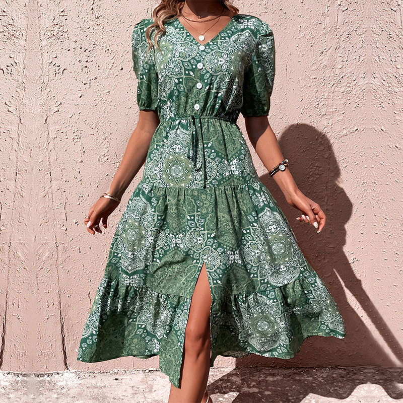 Vintage Paisley Print Dress Green Mid Length Summer Style Perfect for Casual Outings Wholesale Available