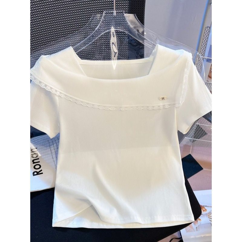 Lace Trim Square Neck Short Sleeve T Shirt Slim Fit Solid Color Soft Fabric Summer Casual Wear Wholesale Available