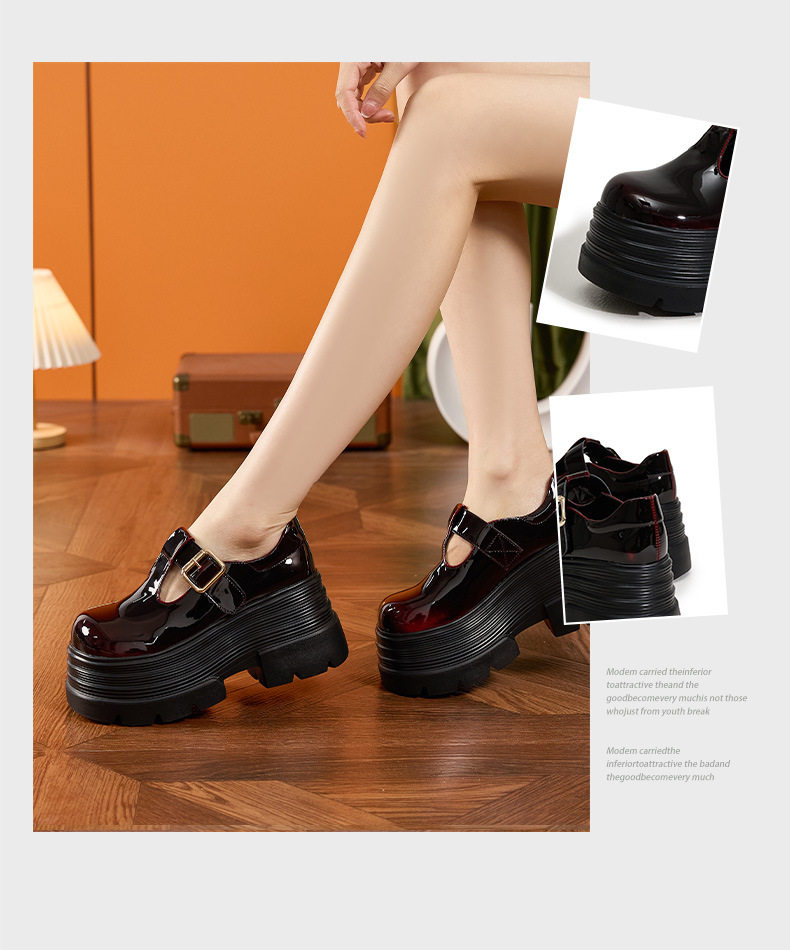 Giày loafer nữ mũi tròn gót cao 8 cm phong cách Anh — Đen, Đen đỏ chi tiết 3