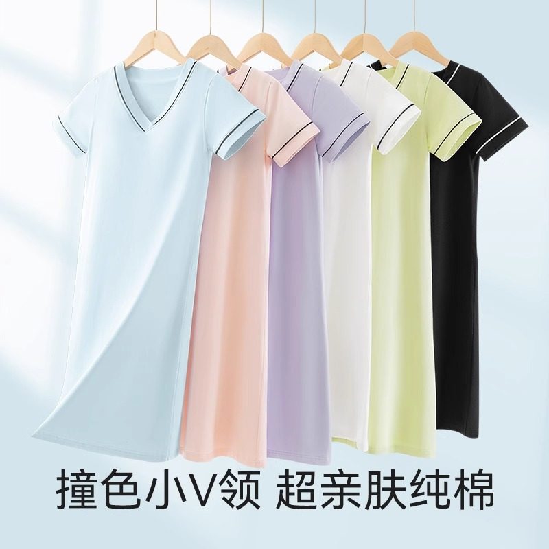 Short-Sleeved Nightgown Summer Women's Pure Cotton Belt Chest Pad All-in-One Outwear Pregnant Women's Pajamas High-grade plus size Home Dress