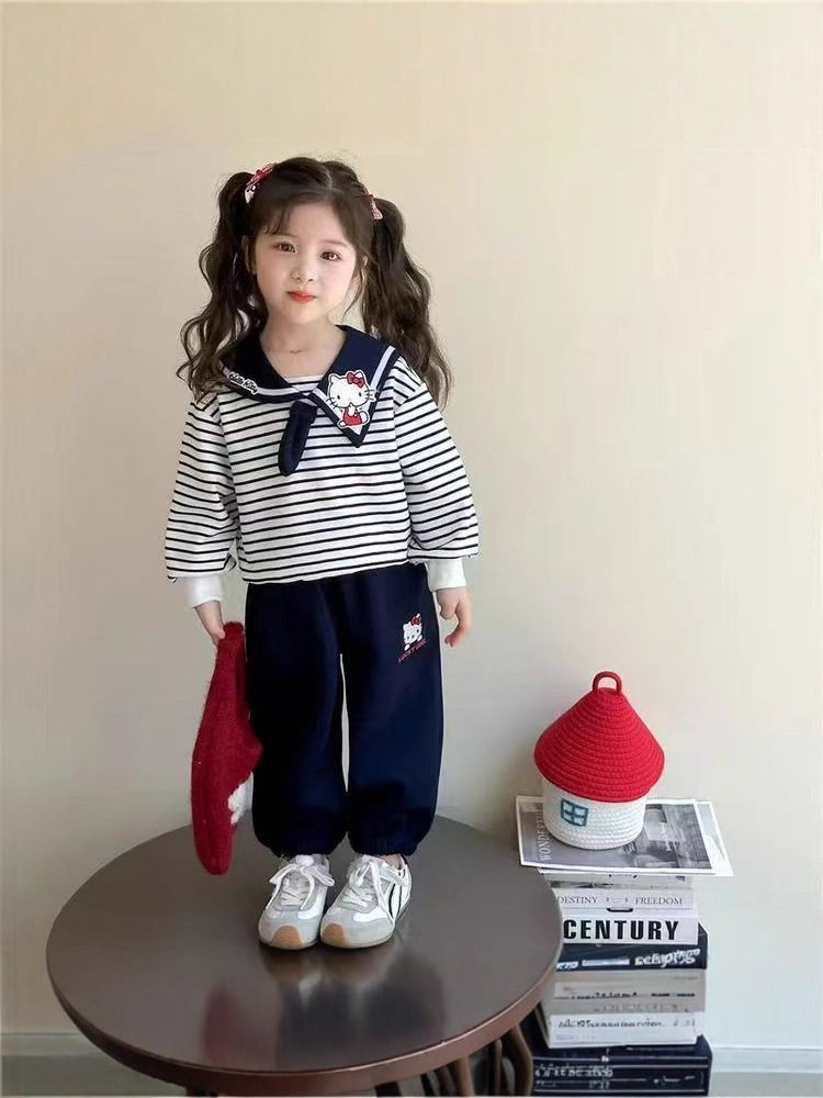 Girls' Autumn Hoodie Set, Kids' Cute Sailor Collar Casual Top, Baby Cartoon Striped Tie Hoodie