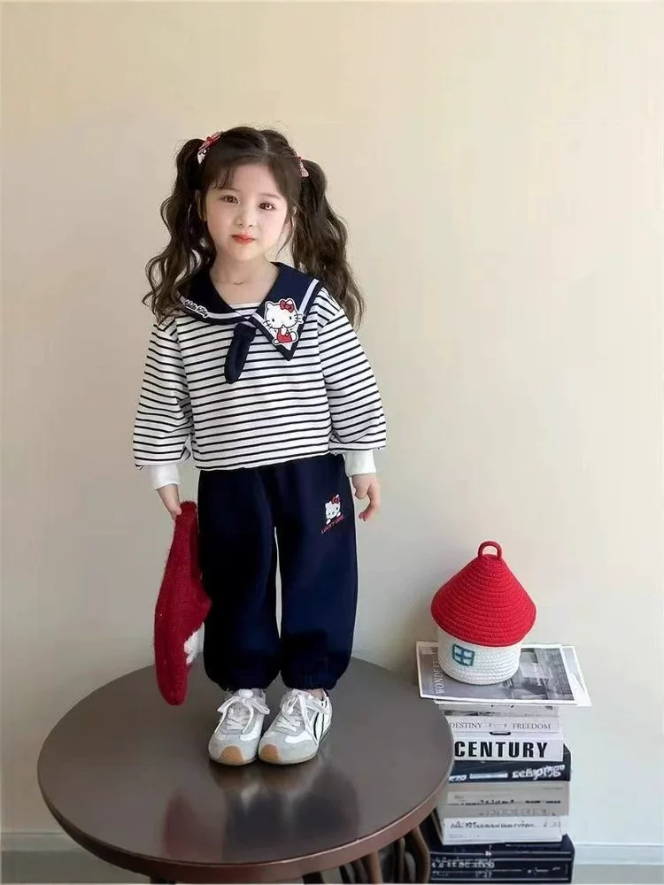 Girls' Autumn Hoodie Set, Kids' Cute Sailor Collar Casual Top, Baby Cartoon Striped Tie Hoodie