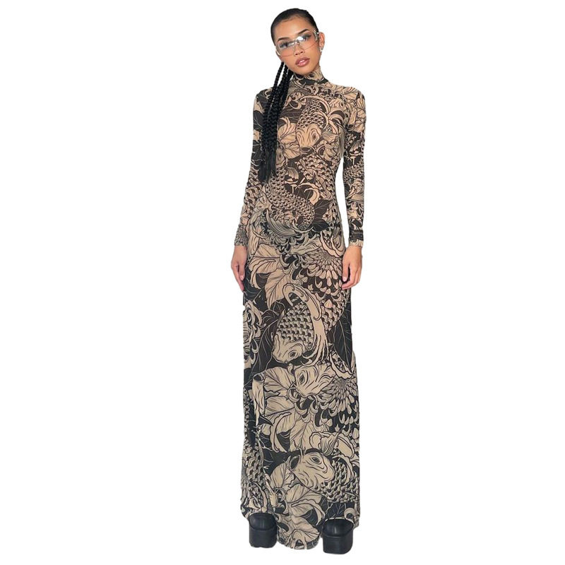Fashionable Womens Sheer Mesh Floral Print Dress High Neck Slim Fit Trendy Style Perfect for Spring Summer Occasions