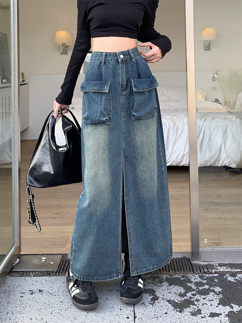 Womens High Waisted Denim Midi Skirt Stylish Elegant Trendy Perfect for Casual Outings Wholesale Available