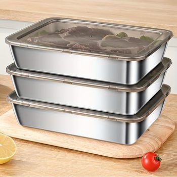 Stainless Steel Crisper Box with Lid Square Plate Refrigerator Storage Box Plate Picnic Box Dumpling Square Plate Frozen Refrigerated