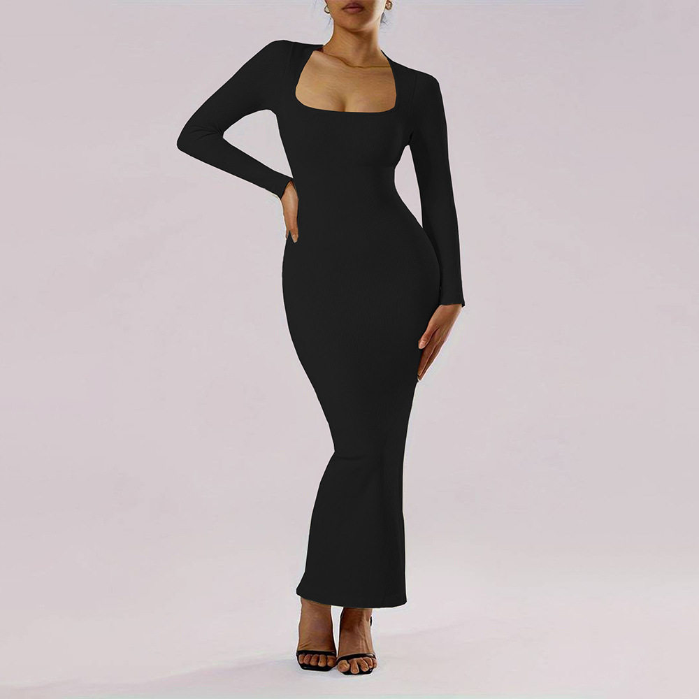 Elegant Bodycon Midi Dress Square Neck Long Sleeve Ankle Length Slim Fit Autumn Winter Fashion Wholesale Available