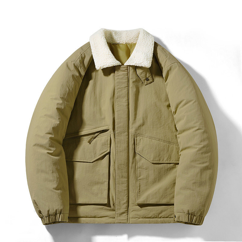 Winter Sports Leisure Trendy Brand Solid Color Lamb Velvet Lapel Coat Workwear Warm Down Jacket Men's Wear