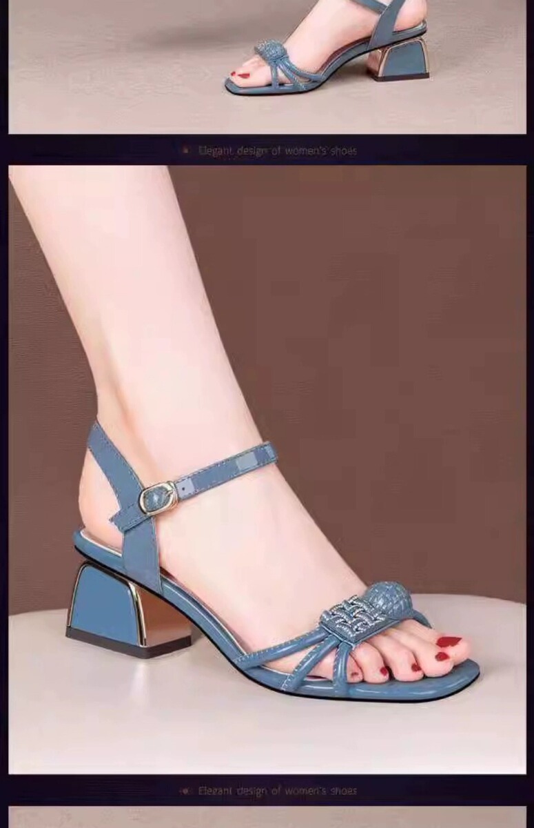 Sandal nữ gót thô hở mũi quai ngang đính đá, giày cao gót 5cm phối đồ thanh lịch — Màu trắng, Màu xanh dương