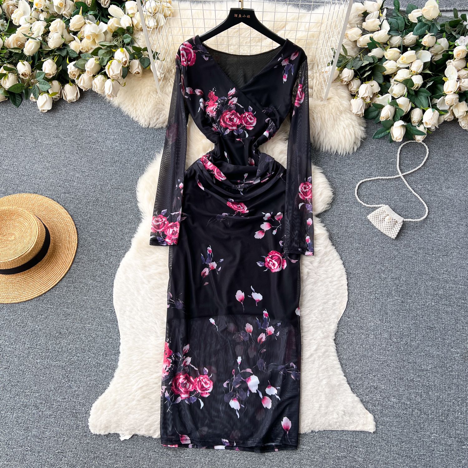 French Style Long Sleeve V Neck Gradient Print Mesh Dress Slim Fit Bodycon Lightweight Autumn Wear Wholesale