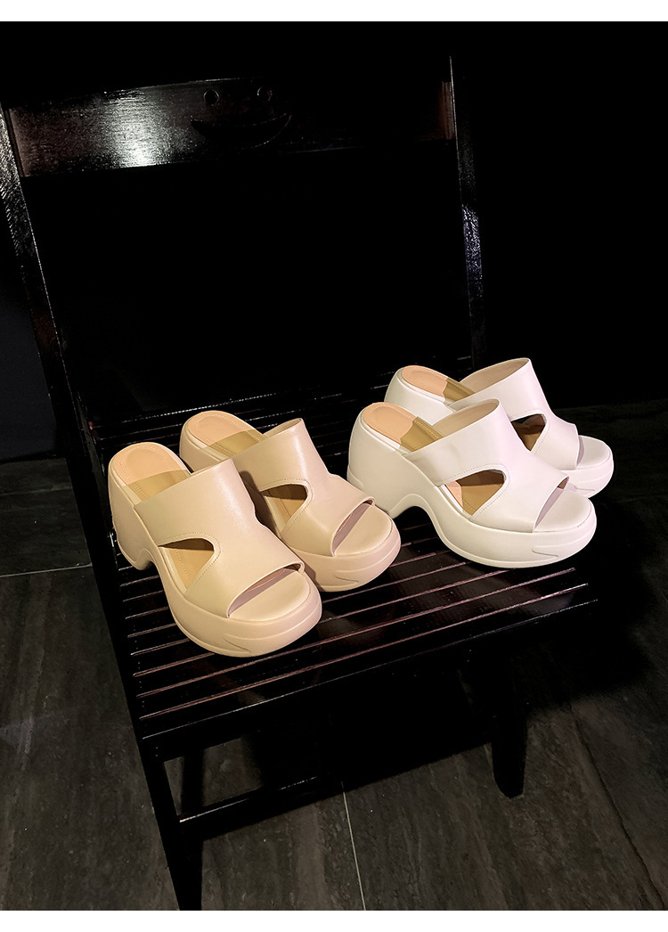 Dép sandal nữ quai ngang đế dày tăng chiều cao 10cm bằng da bò thật — Màu be, Màu trắng ngà
