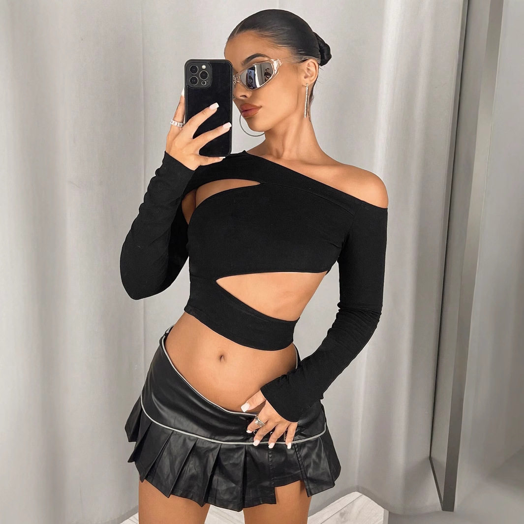 Womens Irregular Asymmetrical Neck Y2K Long Sleeve T Shirt Trendy European and American Style Spring Summer Collection