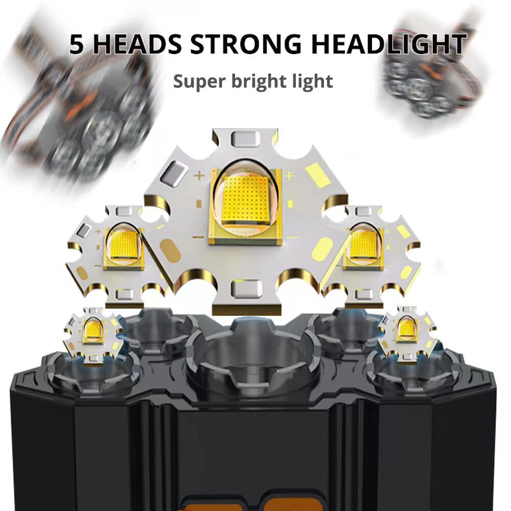 Cross-border new LED strong light five-head lamp usb charging super bright head-mounted flashlight outdoor fishing waterproof headlight