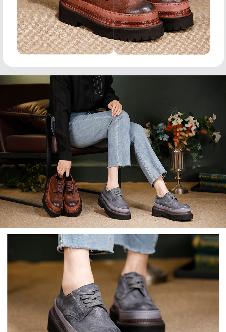 Giày Derby nữ da bò cổ thấp buộc dây phong cách cổ điển — Màu cà phê, màu xám