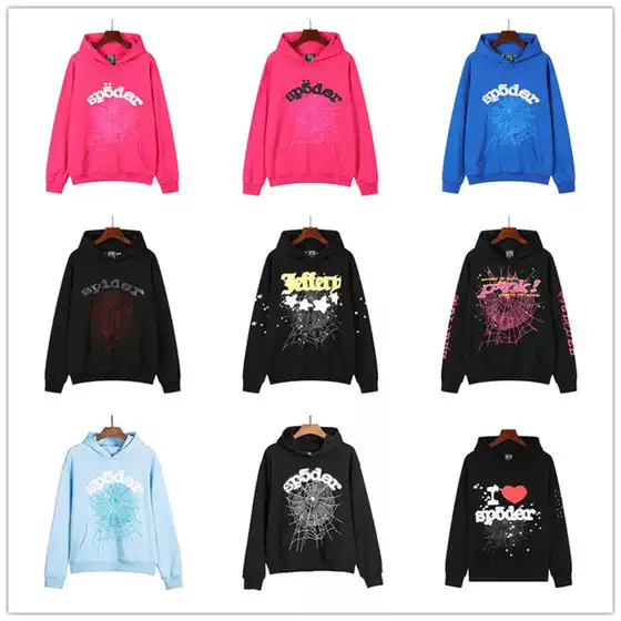 2024 autumn and winter new 555555 spider print terry hooded sweater American street casual loose hoodie