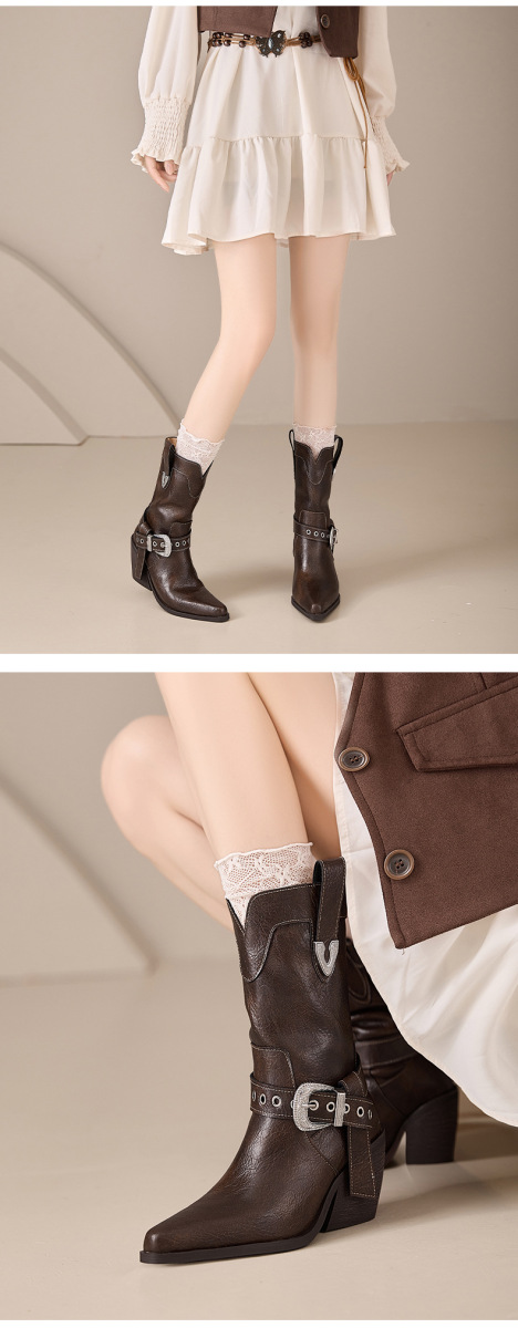 Boot nữ cổ thấp da bò gót xuồng mũi nhọn khóa thắt lưng — Lớp lót đơn màu đen, Lớp lót đơn màu nâu, Lót nhung đen, Lót nhung màu nâu